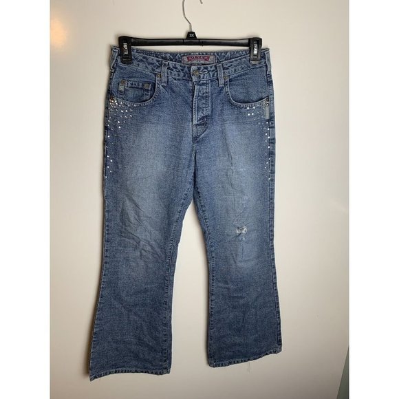Womens Silver 30/31 Distressed Faded Button Fly Flare Blue Jeans Jewel - Picture 2 of 11